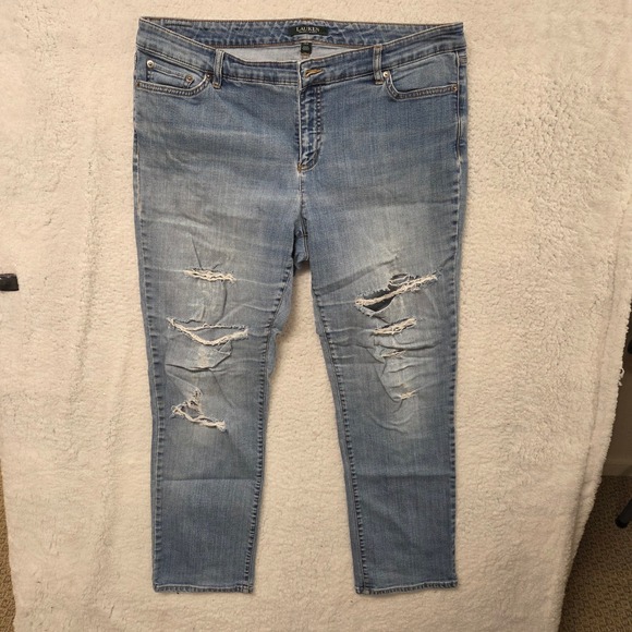 Lauren Ralph Lauren Denim - Ralph Lauren Premier Straight Jeans Light Wash Distressed Denim Womens 14W